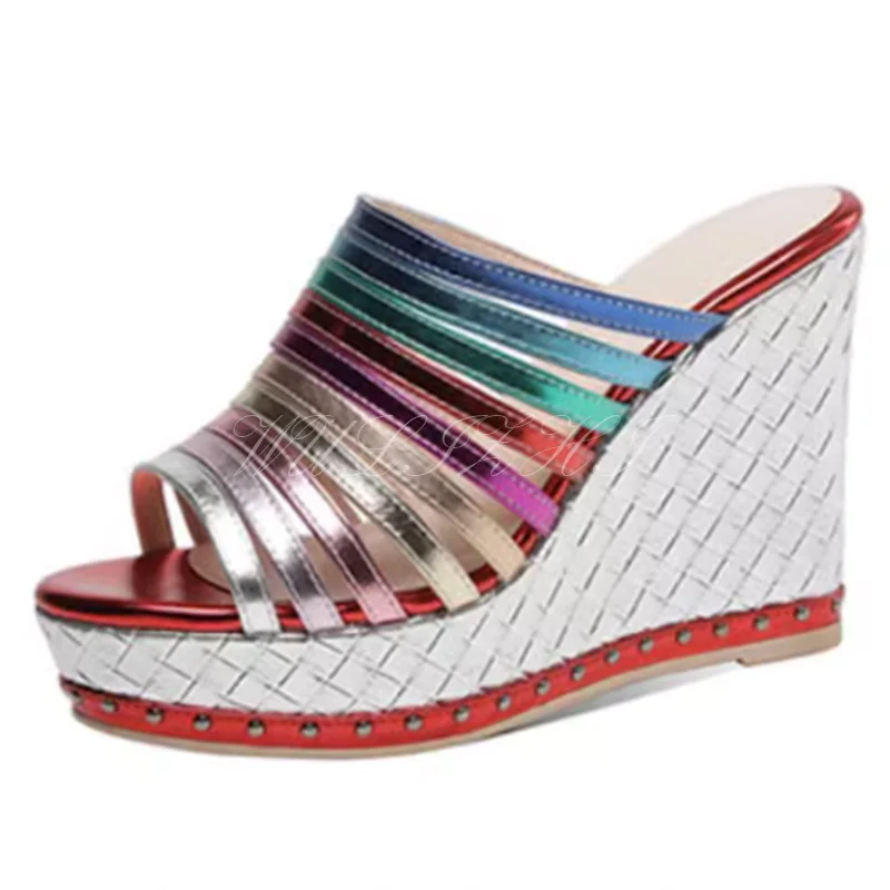 

Color striped silver shiny wedge sandals woman peep toe platform hollow sexy heels Sequins Mixed Colors gold blue striped shoes