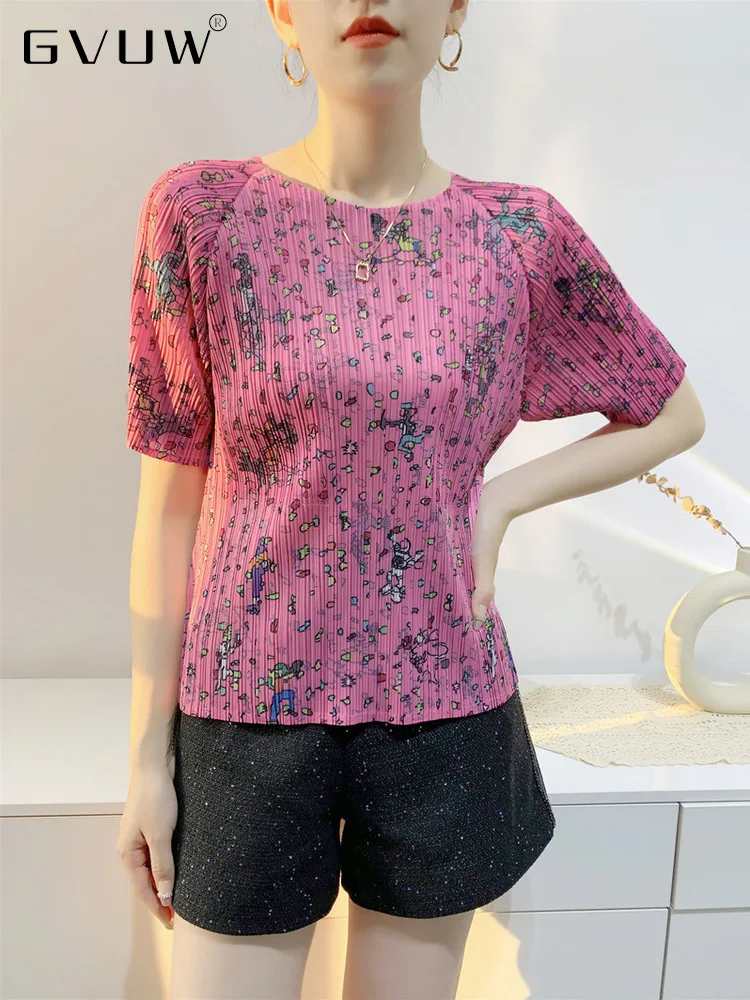 

GVUW Fashion Pleated Printing T-shirt Women Round Collar Short Sleeve High Strecth Casual Clothes Female 2023 Spring New 17G0929