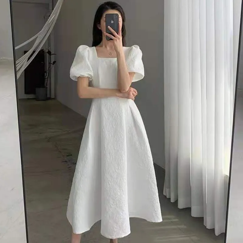 

New Summer Ladies White Midi Dress 2021 Retro Temperament Elegant Square Collar High Waist Party Dress Vestidos