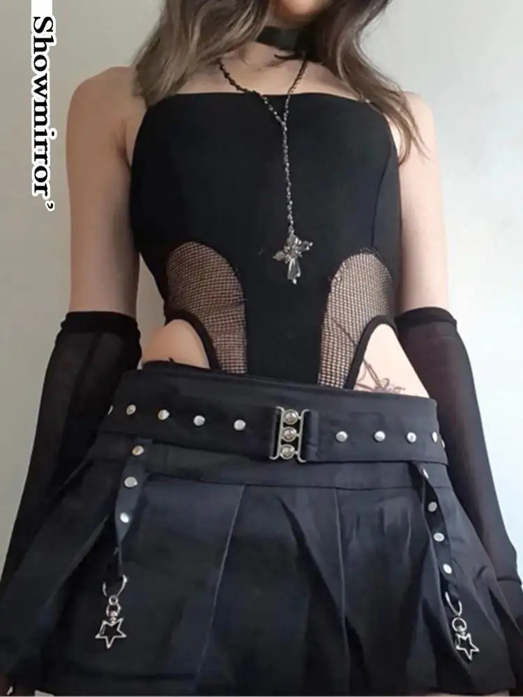 

Tranparent Fishnet Patchwork Gothic Bodysuit Women Sexy Slim Fit Body Top Sleeveless Punk Rompers Lady Rave Outfits Vest clothes