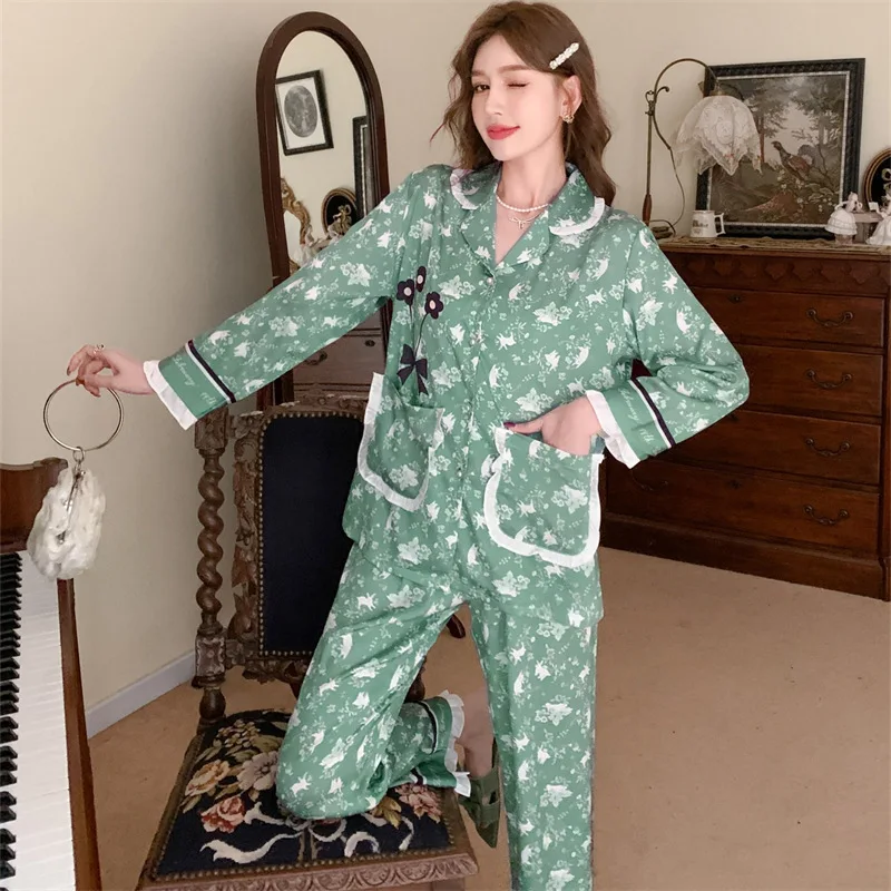 2023 Spring and Autumn New Artificial Silk Women's Pajamas Suit Women's Long-Sleeved Trousers Festive Flower Cardigan Homewear
