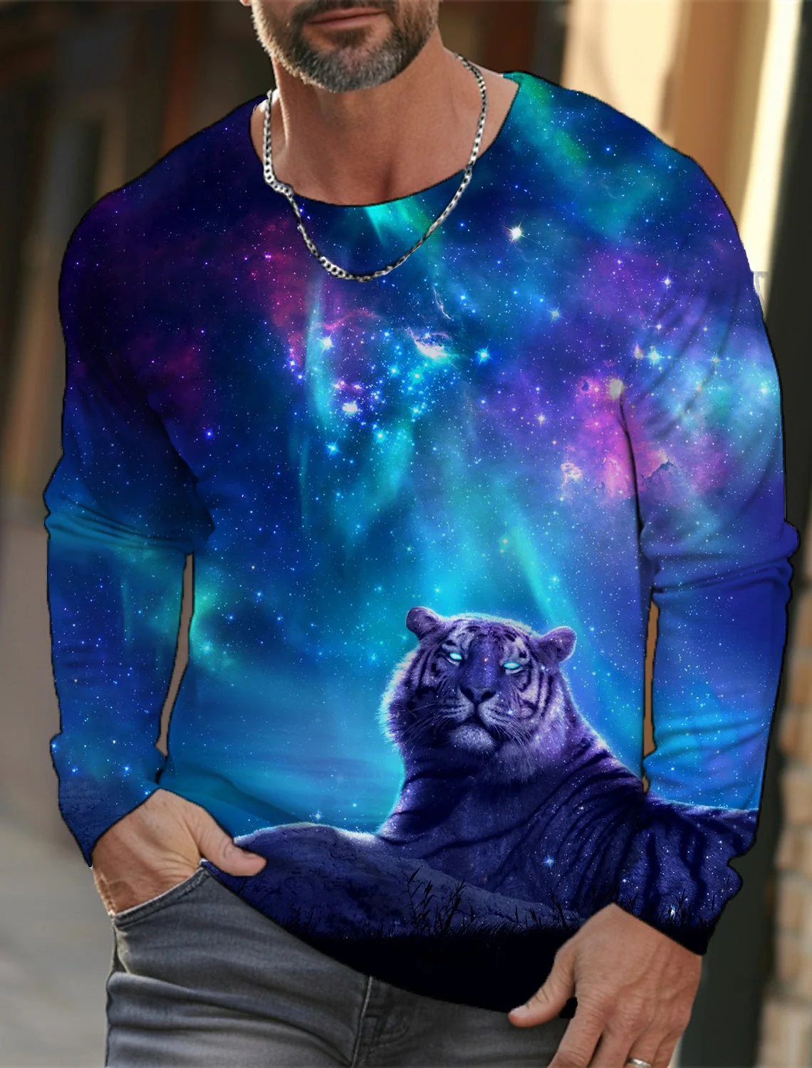 

Футболка мужская с длинным рукавом, винтажный Повседневный Топ, спортивная одежда с 3D принтом звездного неба, Авроры, тигра