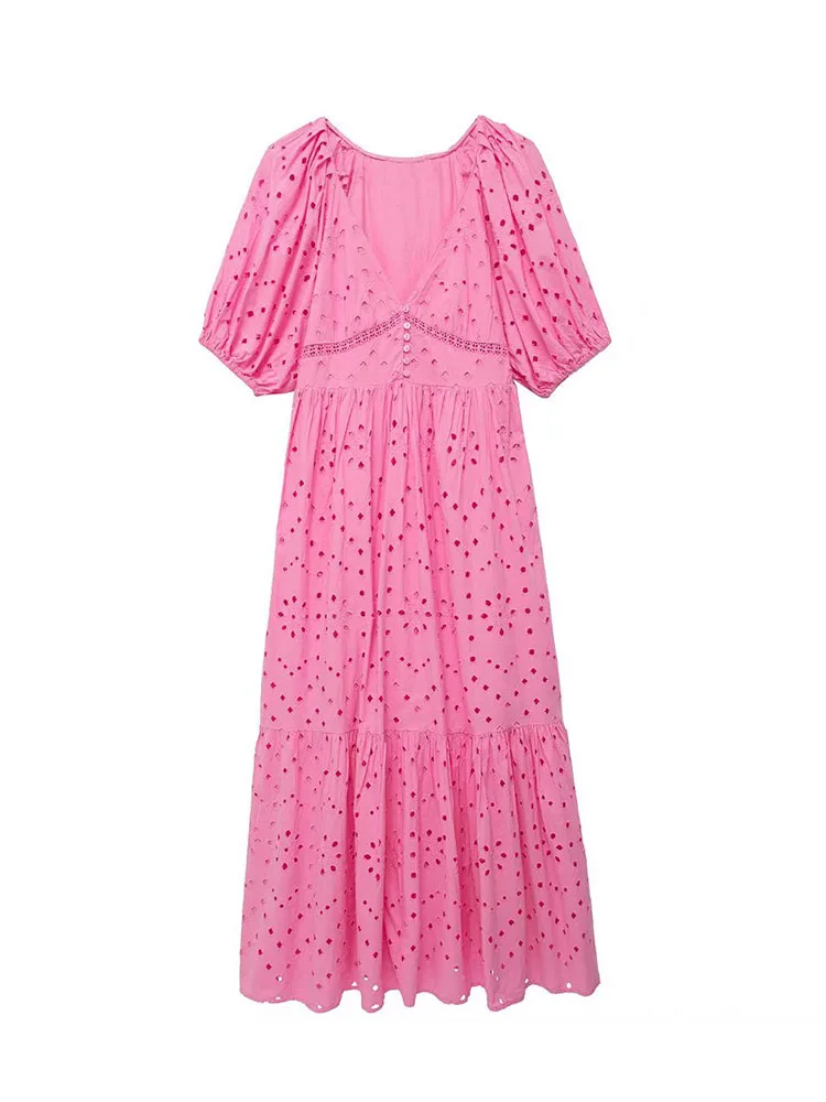 

Женское платье-миди с вышивкой, ажурное винтажное платье с V-образным вырезом и пышными рукавами, весна 2022