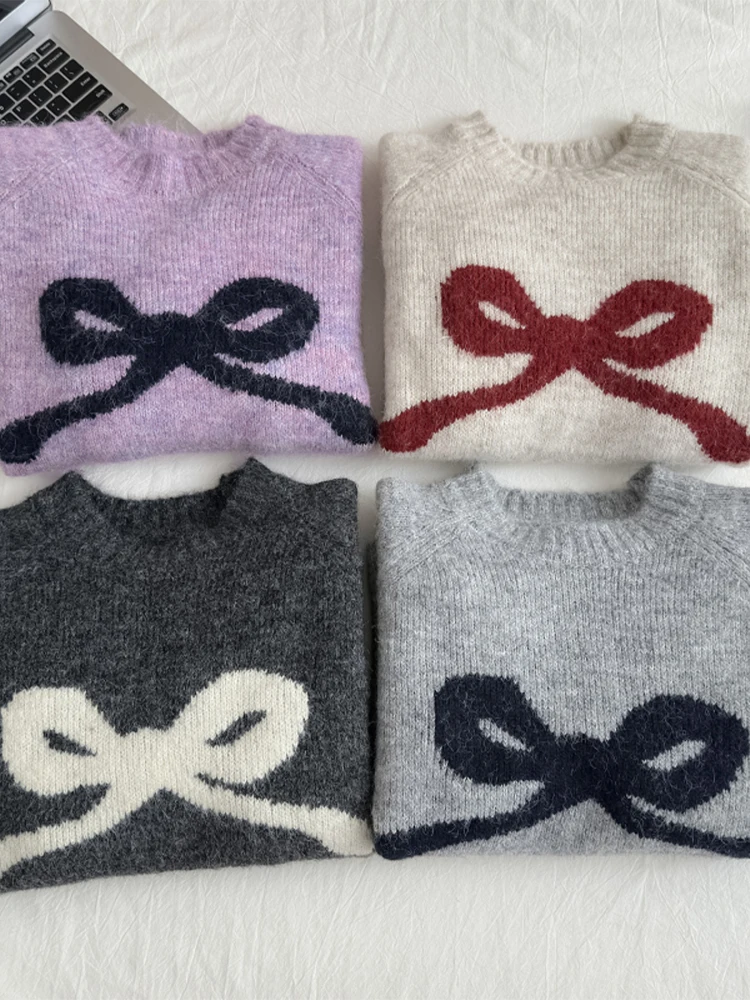 Женский пуловер с серым бантом свитер в стиле Харадзюку свитера большого размера