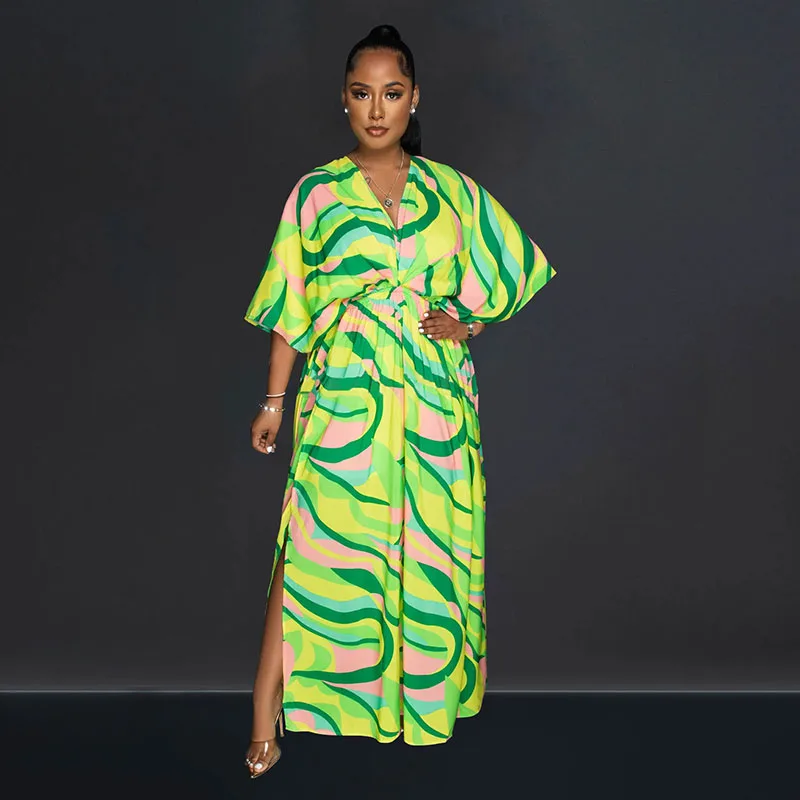 

Vintage Print Casual Loose Long Dresses Women Elegant High Waist Batwing Sleeve Straight Party Club Maxi Dress Vacation Vestido