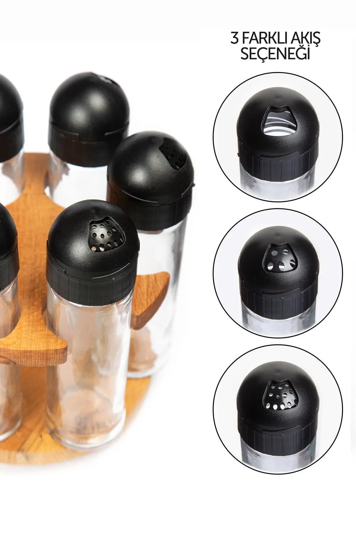 

6 pcs Rotating Spice Rack Set Black Lid Wooden stand storage container Cruet salt pepper cumin powder condiment kitchen