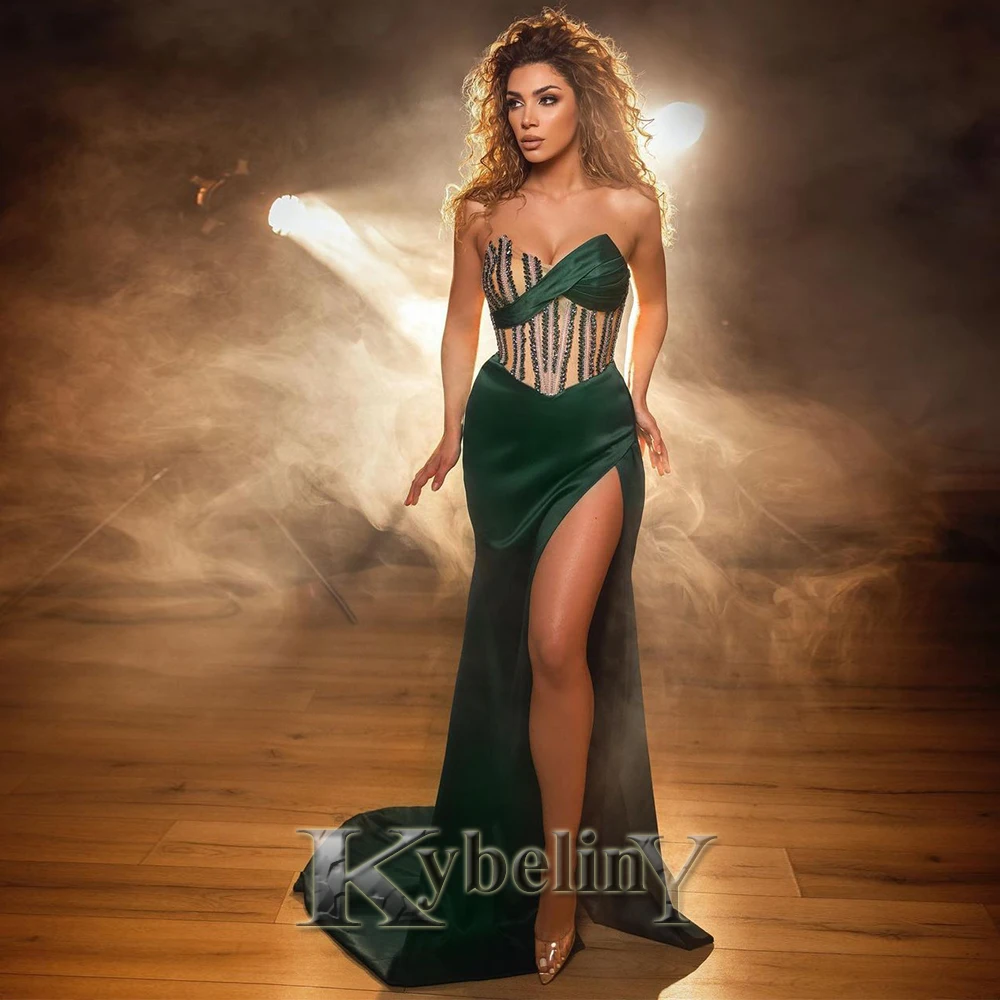 

Kybeliny Chic Mermaid Prom Dresses For Woman 2024 Strapless High Slit Satin Evening Gowns Vestidos De Fiesta Party Made To Order