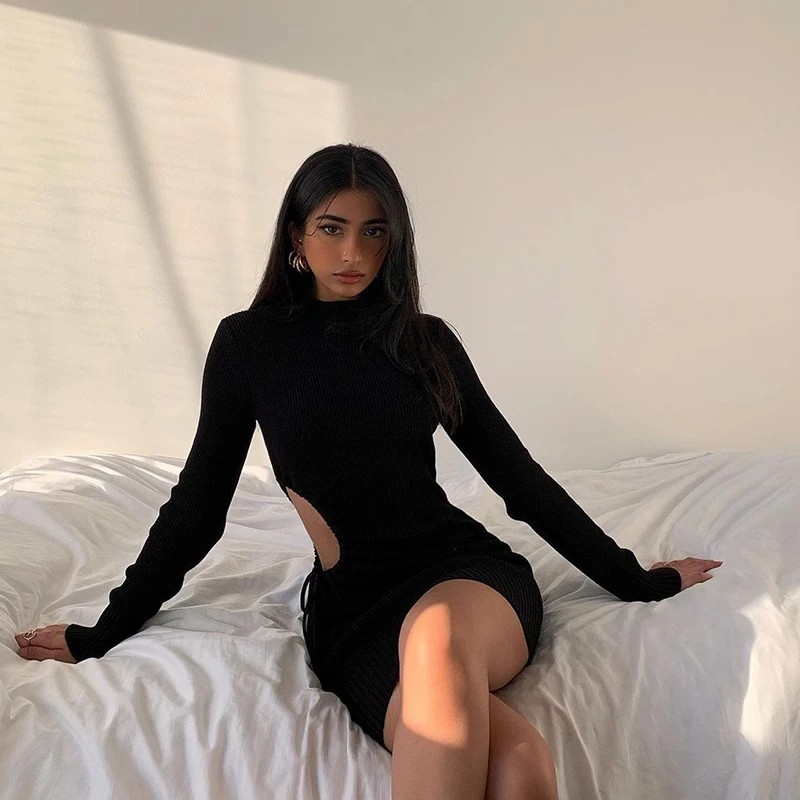 

2021 Long-sleeved Solid Color Bandage Ruffled Ribbed Mini Dress Autumn and Winter Ladies Fashion Sexy Party Club Elegant Outfit