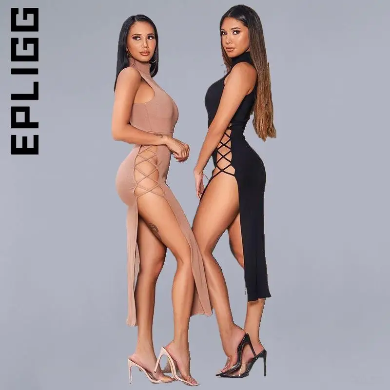 

Женское платье Epligg с круглым вырезом, новые модные платья, платья для отдыха для женщин 2023, женские платья с высоким разрезом и перекрестным ...