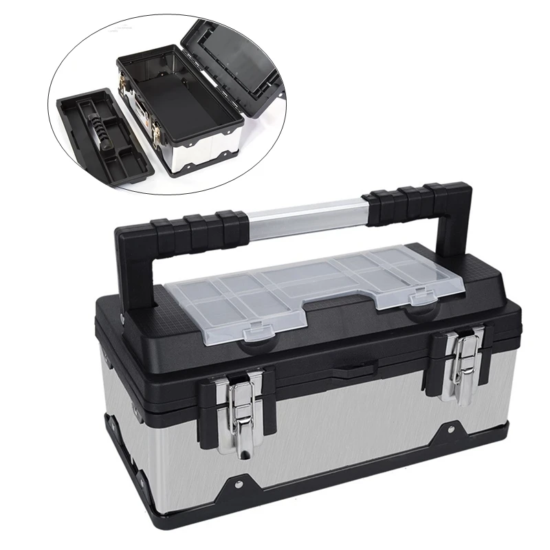Stainless Steel Double-layer Tool Box Portable Multi-function Repair Tool Household Thickening Large Hardware Storage Box