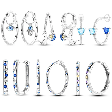 Серьги-кольца из стерлингового серебра 925 пробы сглаза, звездой и луной, двойные серьги-кольца для женщин и девочек, серьги, ювелирные изделия, подарок на день рождения