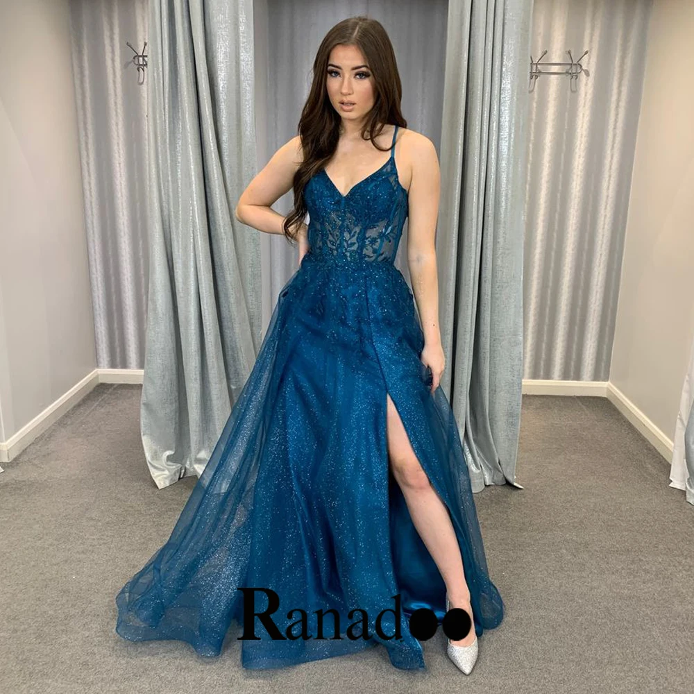 

Ranadoo Sparkly Tulle Formal Party Dresses For Women Appliques V Neck Sleeveless Lacing Up Slit Spaghetti Strap Valentine's Day