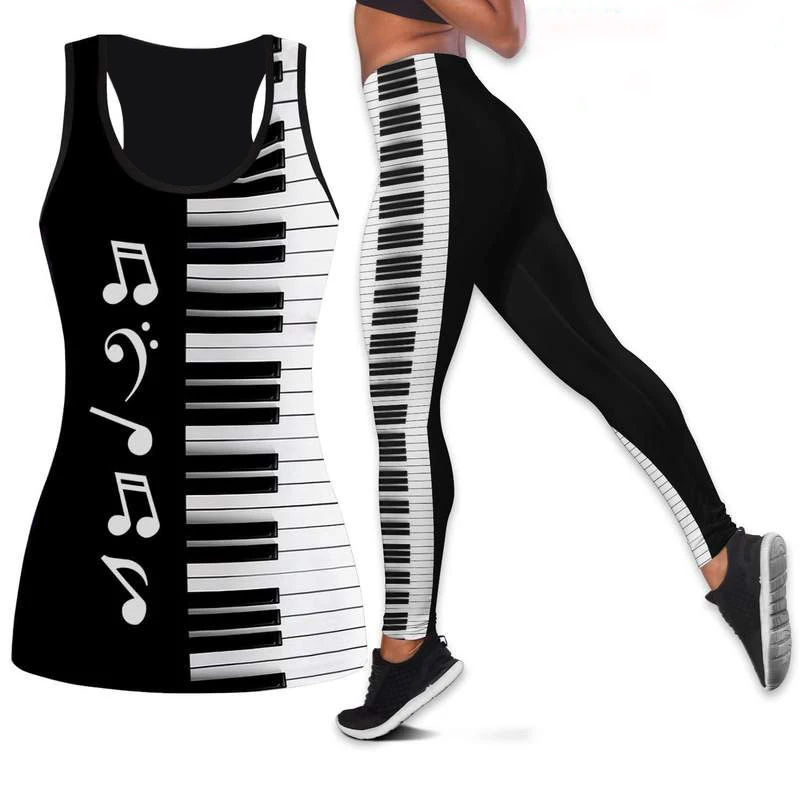 

Women's Piano Melody Pattern Hollowed out 3D Printed Sleeveless Shirt Summer Vest Women's Yoga Vest Leggings Suit XS-8XL