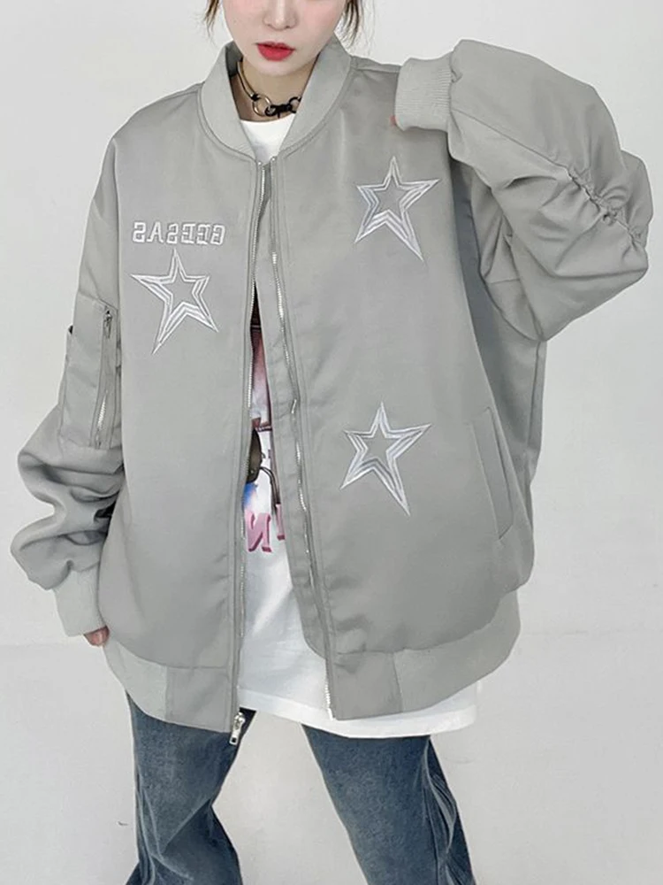

Vintage Loose Women's Bomber Jacket Fashion Embroidery Motorcycle Jackets Coat For Women Autumn Stand Collar Basic Coat Female