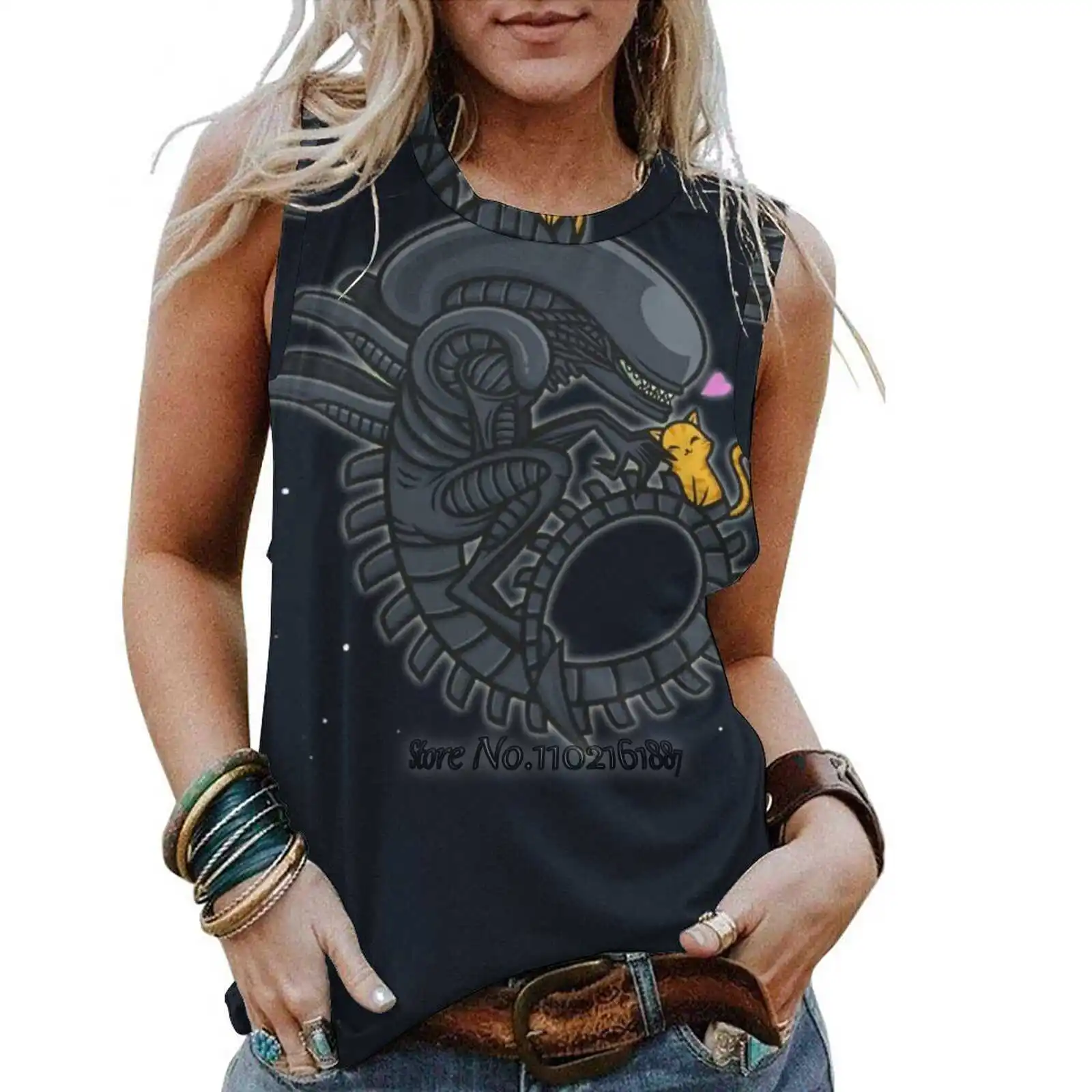 

Майка Xenomorph Cuddles женская с принтом, свободная рубашка без рукавов, повседневный Топ Y2K, жилет Xenomorph Cat Weyland Corp ноздро