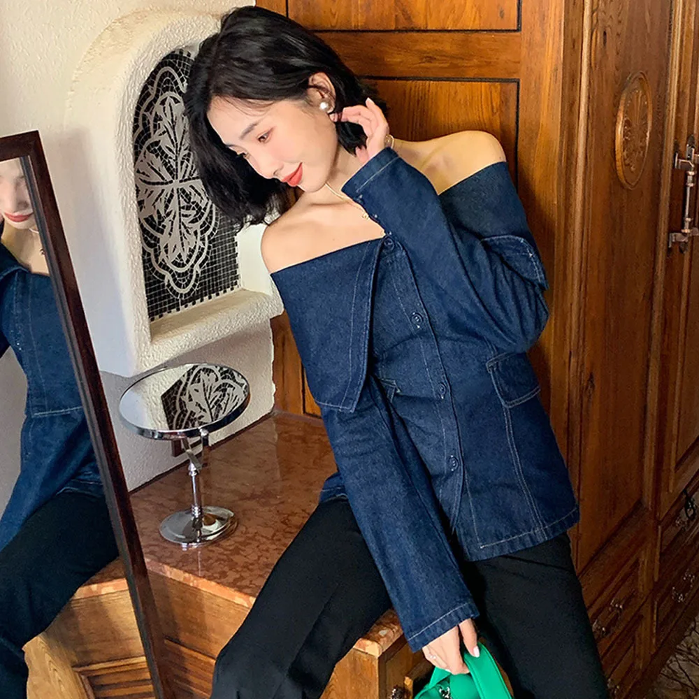 Женские джинсовые рубашки с открытыми плечами модная блузка длинным рукавом