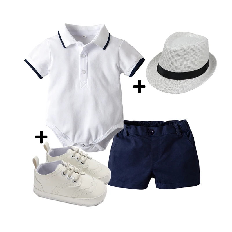 Newborn Baby Boy Clothes Set Gentleman Polo Romper +  Shoes  Jazz Hat Infant   for Birthday Holiday Photograph