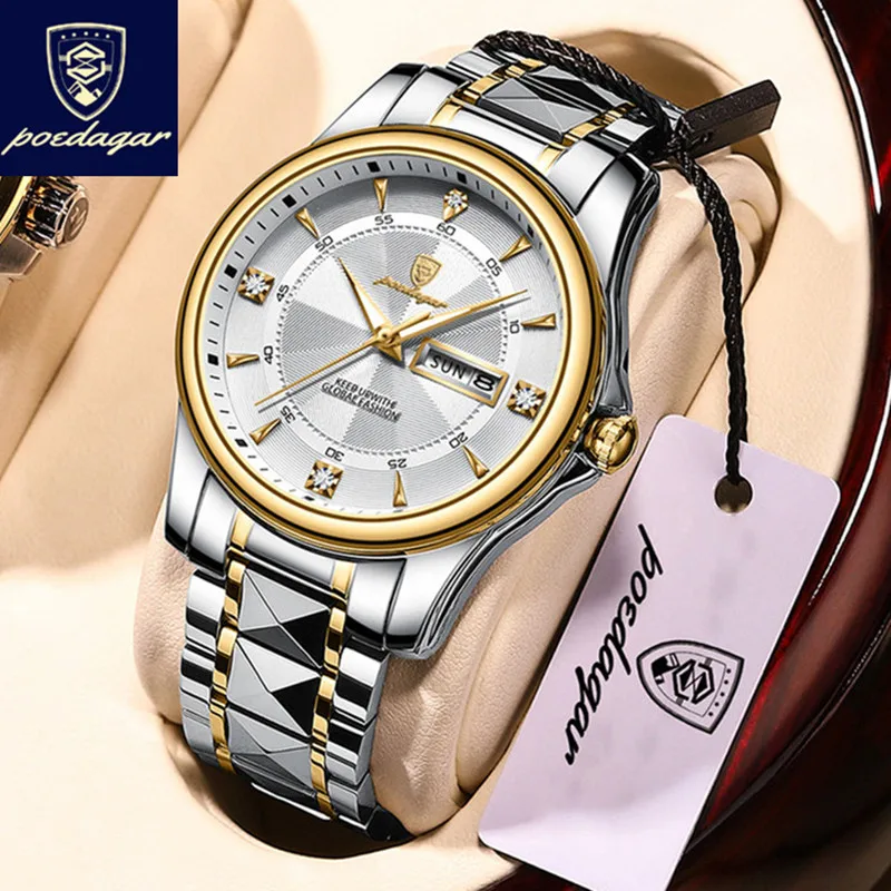

POEDAGAR Original Men Business Watch Fashion Luxury Stainless Steel Waterproof Luminous Quartz Man Wristwatch Clock for Men New