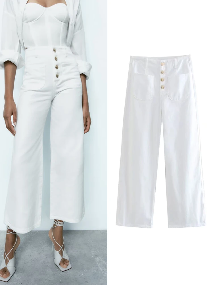 

TRAF Fashion High Waist Jeans 2022 With Front Patch Pockets Autumn Wide-Leg Golden Buttons Trouser Casual Street Wear