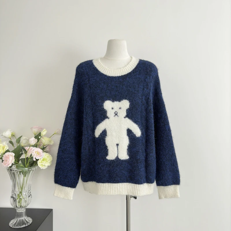 Женский свитер с милым медведем и круглым вырезом зимний топ длинными рукавами Y2K