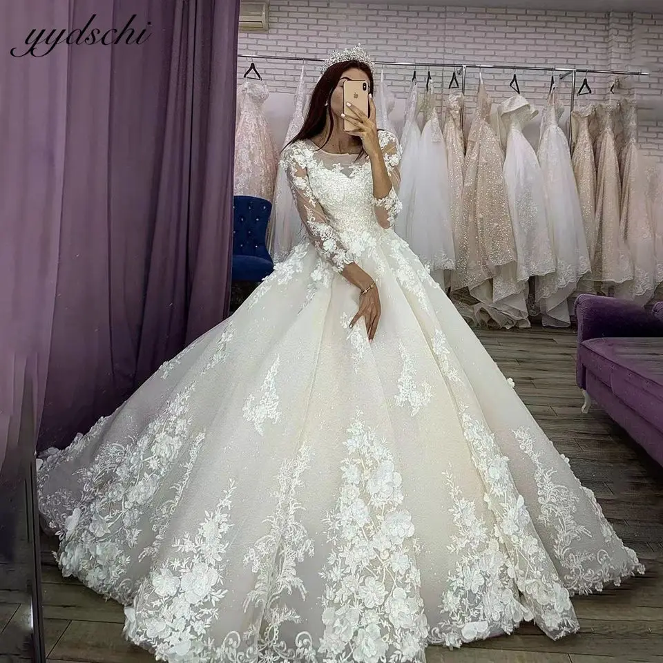 

Luxury Ball Gown Lace Appliques Long Sleeves Wedding Dress 2023 Princess Arabic Dubai Bride Gowns Court Train Vestidos De Novia