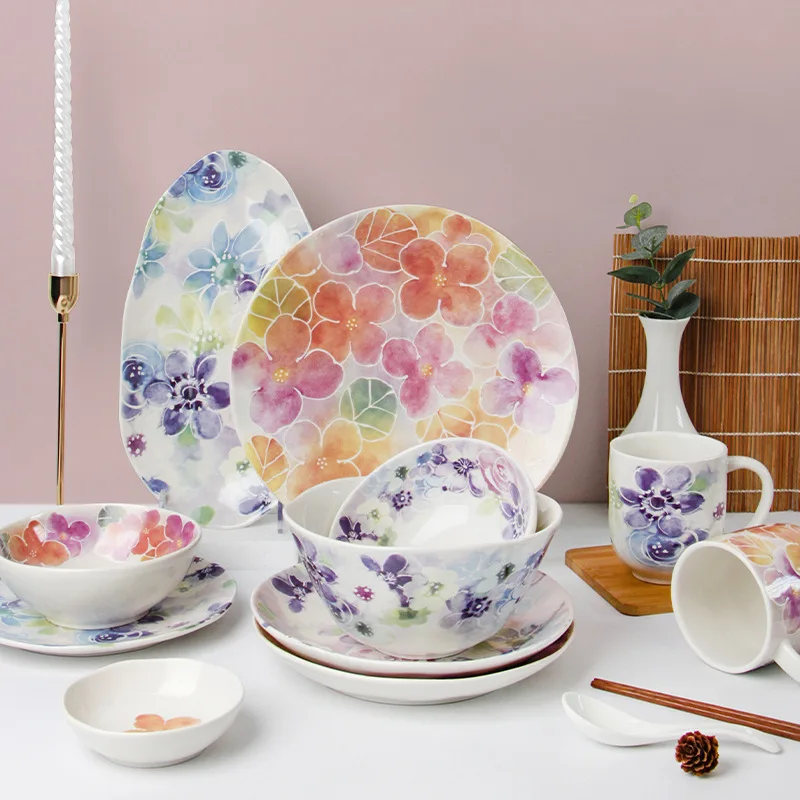 TingKe Japanese style purple flower pattern ceramic tableware modern minimalist household ceramic bowl plate saucer cup mug