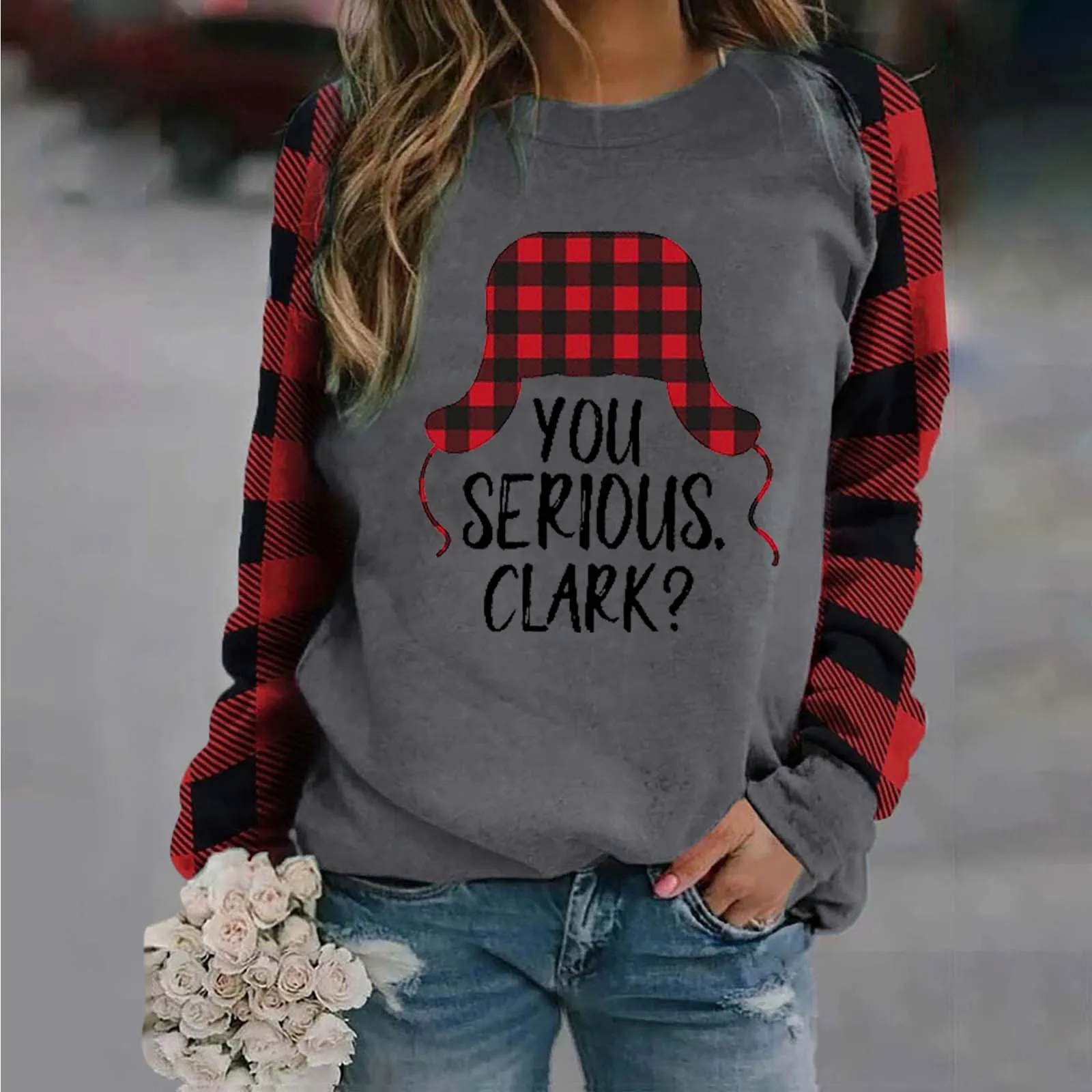 

Women's Long-Sleeve Casual Plaid Printing Christmas O Collar Pullover Blouse Shirt Clothes Women Hooded Sweatshirt