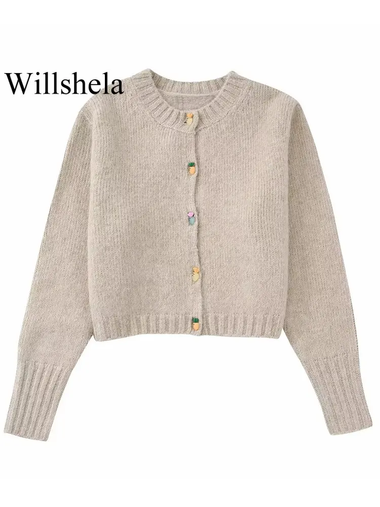 

Willshela женский модный однотонный однобортный вязаный кардиган, свитер, винтажный круглый вырез, длинный рукав, женская верхняя одежда