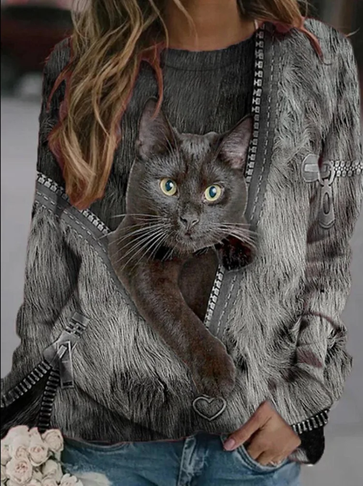 

fashion woman blouses 2022 spring autumn zipper cartoon cat print casual O-neck long-sleeved T-shirt Top Kawaii Women clothing
