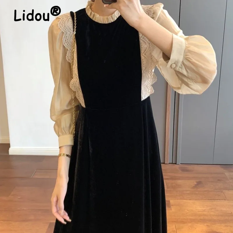 Купи Elegant Retro Pendulous Agaric Lace Collar Patchwork Medium Length Dresses Puff Sleeve Black Velvet French Pullover Ladies Slim за 1,326 рублей в магазине AliExpress