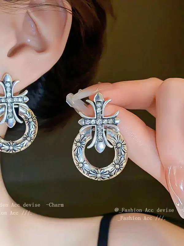 Silver Needle Diamond Cross Ring Earrings European and American Exaggerated Cold Sle Ear Studs Personalized Design Earrings...
