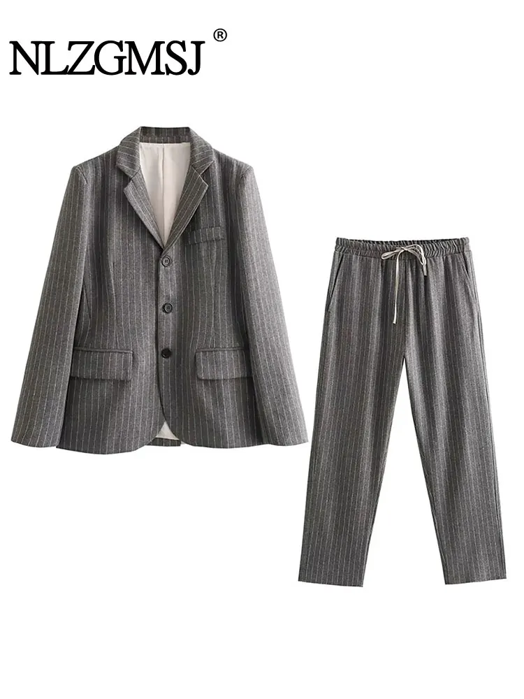 

TRAF2024 Autumn Woman Sets Fashion Striped Blazer Jacket Coat Tops + Wide Leg Long Pants Causal Commute Slim 2 Pieces Sets