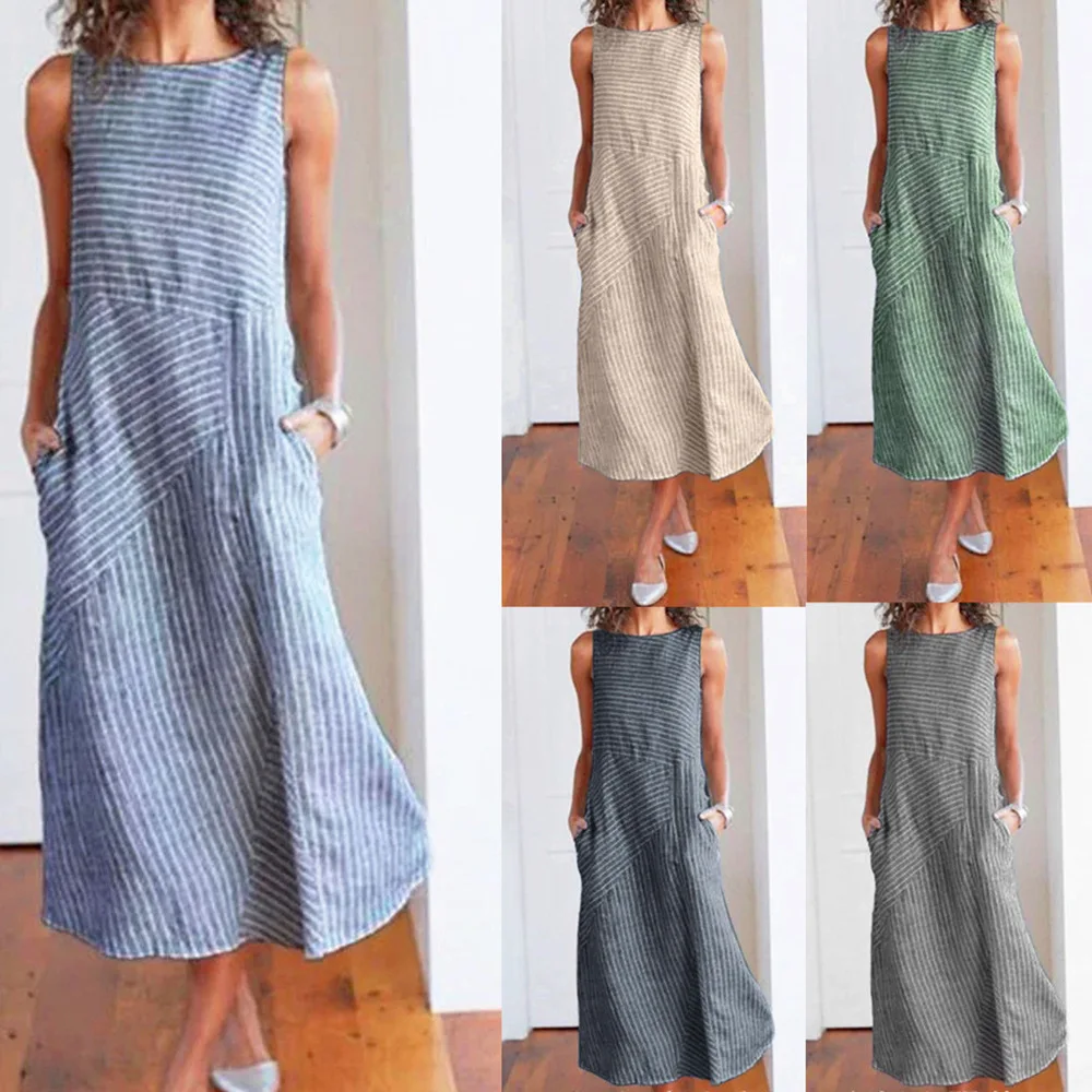 

2023 new dress European and American striped round neck sleeveless large slim dress new women's banquet dress