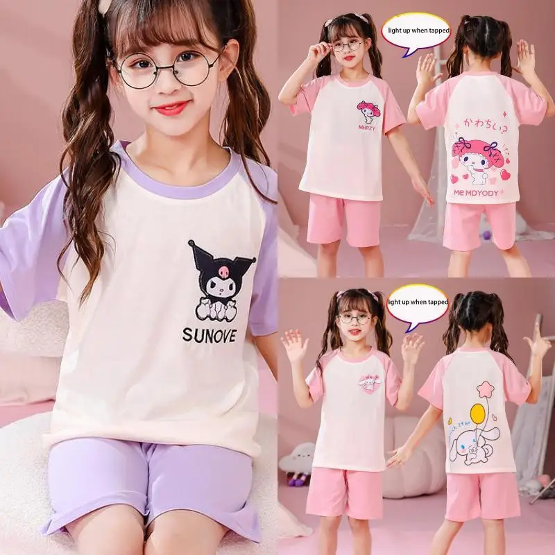 

Anime Sanrio My Melody Cinnamoroll Kuromi Kawaii Luminous Kids Pajamas Set Comfortable Short Sleeve Shorts Boys Girls Loungewear