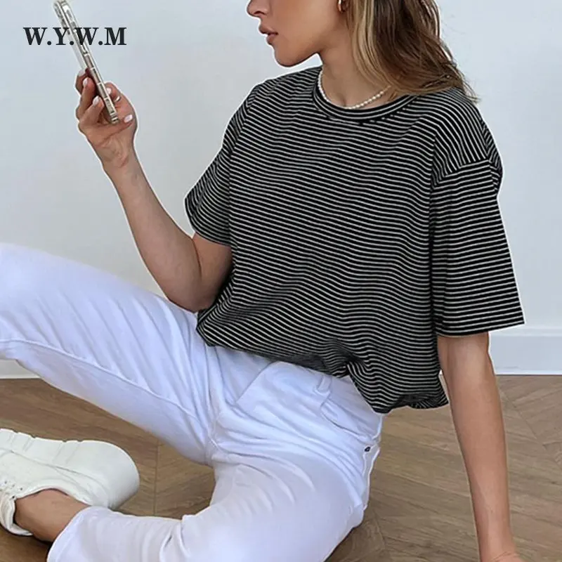 

WYWM Knitted Cotton Pinstripes T Shirts Women Harajuku Vintage Short Sleeves Tops Classify Casual Loose O Neck Female Clothing