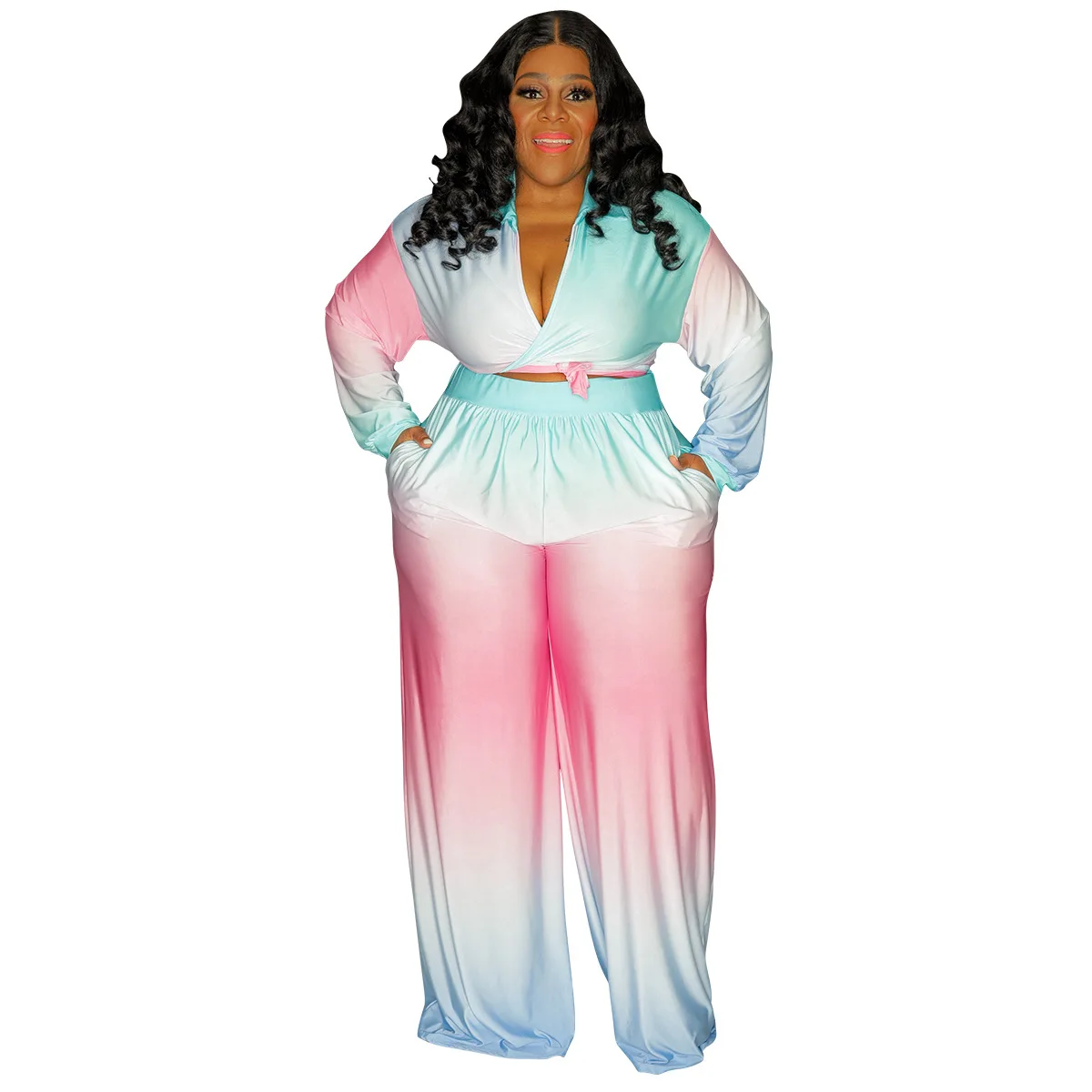 

Women Long Sleeve Two Piece Gradient Print Wide Leg Pants Suit Wrap Chest Sexy Crop Top Matching Set Fashion Female Outfits 2022