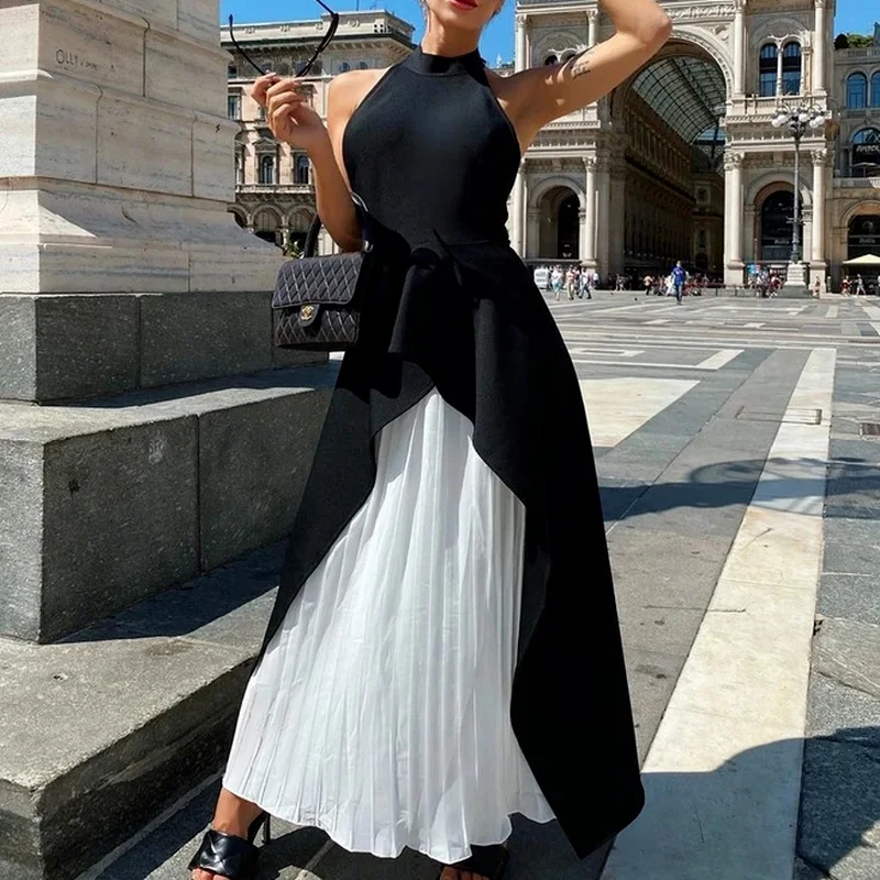 

New Tight Bandage Sexy Sleeveless Halter Neck Waist Dress Stitching Long Skirt Women's Summer New Style Halter Vestidos De Mujer