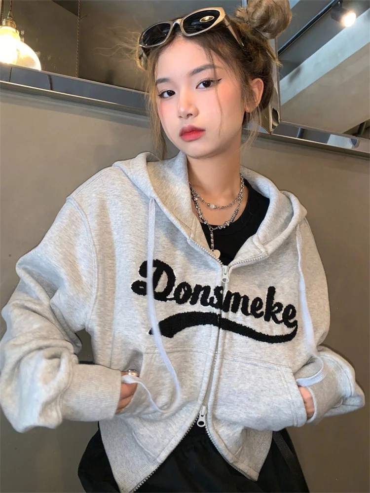 

QWEEK Korean Fashion Gray Cropped Hoodie Women Y2K Vintage Letter Zip Up Sweatshirts Spring 2023 Kpop Harajuku Hooded Jacket