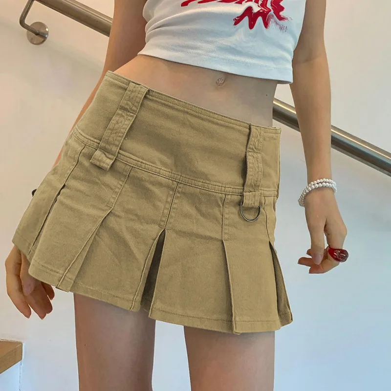 

Sexy Low Waist Pleated Mini Skirts Spring Summer Women Fashion Metal Button Decoration Denim Cargo Skirt Woman Short Jeans Skirt