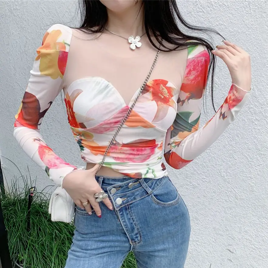 

Летняя тонкая облегающая женская блузка HziriP, сетчатые шикарные пикантные топы с цветочным принтом, новинка 2022, винтажная уличная одежда выс...