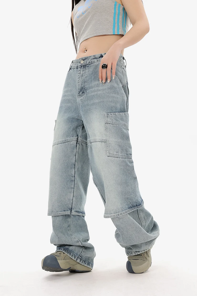 

American Retro High Waist Distressed Jeans Women Men Clothing Patchwork Straight Wid Leg Denim Pants Streetwear Trousers S-XXL