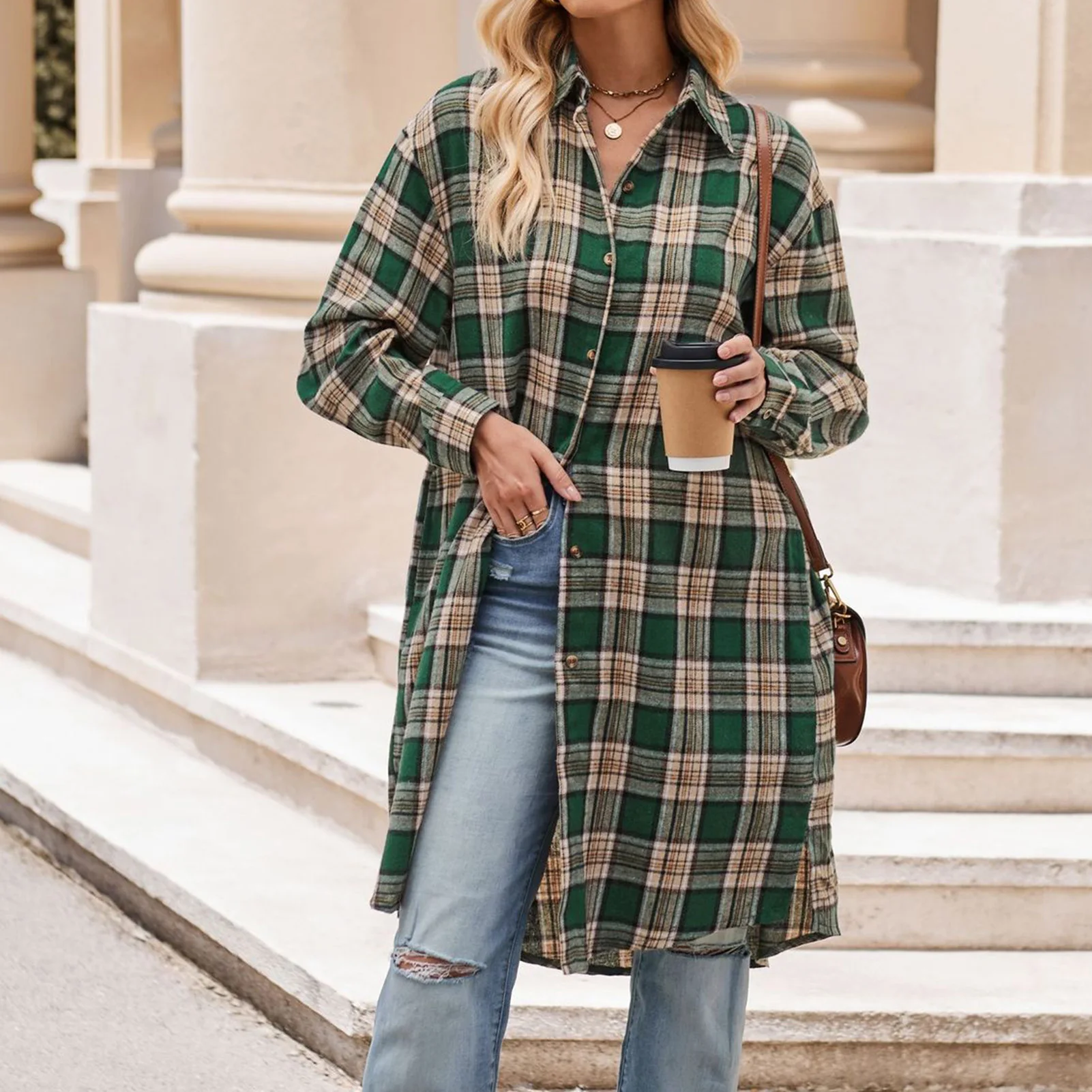 

Женская клетчатая куртка на пуговицах, повседневная классическая свободная клетчатая куртка большого размера с длинным рукавом, повседневный наряд