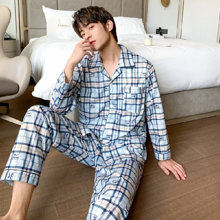 2022 New Men's Pajamas Spring and Autumn Long-sleeved Trousers Cardigan Pajamas Thin Cotton Spring and Summer Homewear Suit