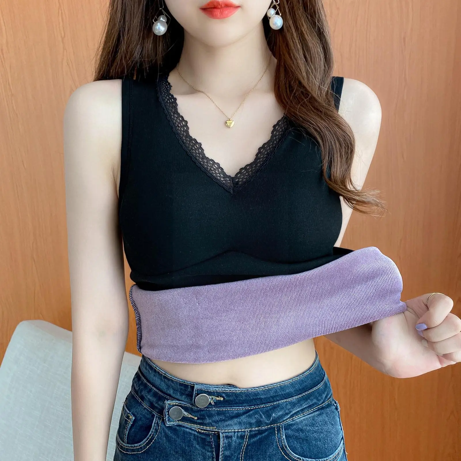 

Женское термобелье, жилет, зимняя одежда, флисовые топы с внутренней шеей, теплый кружевной жилет с V-образным вырезом, утепленное нижнее бел...