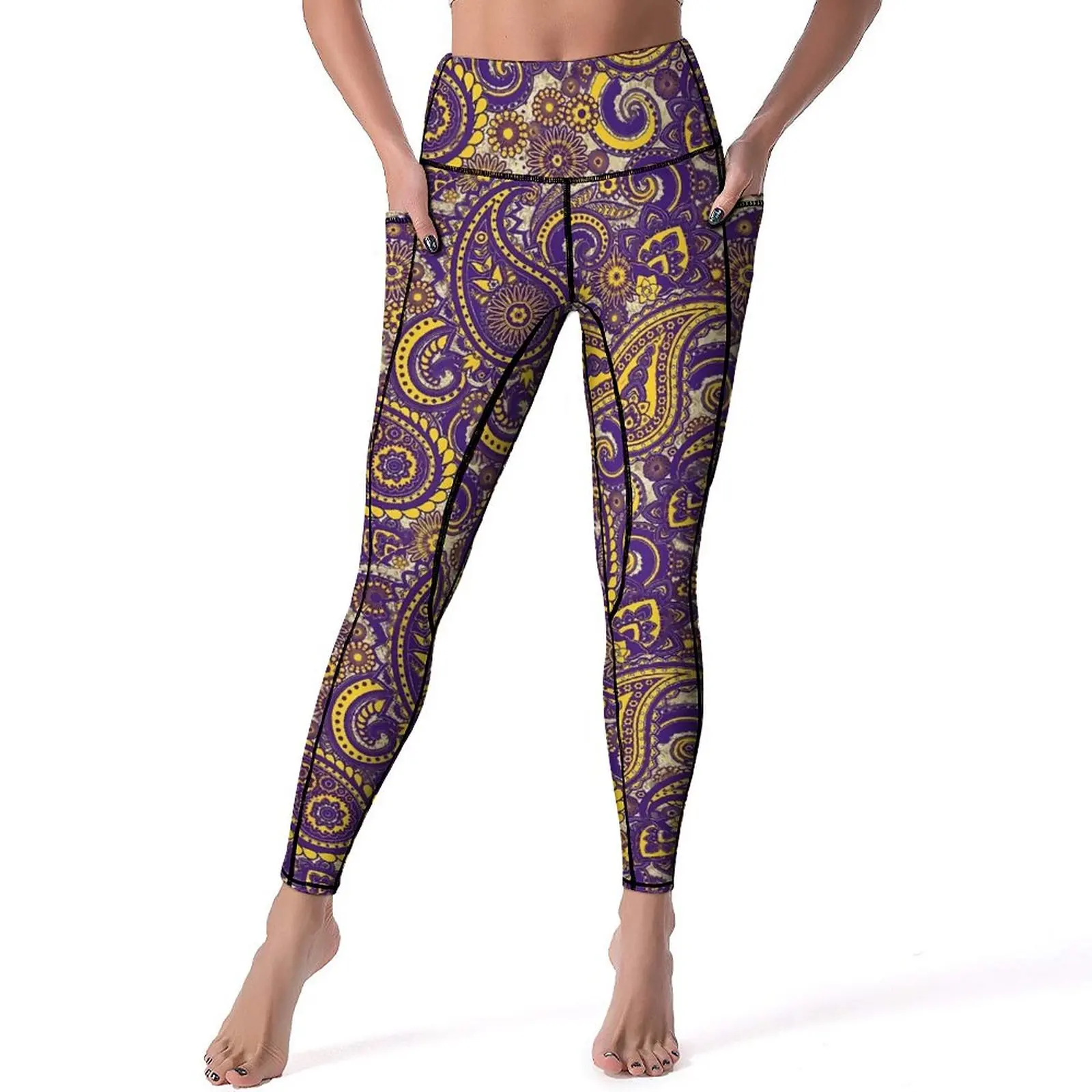 

Vintage Paisley Leggings Sexy Gold Sparkle Print Work Out Yoga Pants High Waist Elastic Sports Tights With Pockets Sweet Leggins