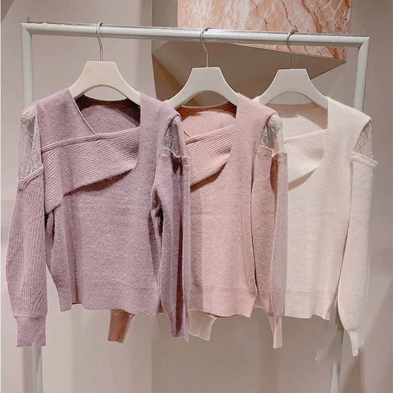 

Ladies Sweaters Women Pullovers Patchworked Lace Off Shoulder Irregular Collar Jumpers Spring Korean Fashion Knitwears