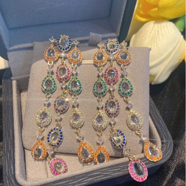 

S925 Silver Needle Bohemian Jewelry Multicolored Zircon Sparkling Earrings Long Dress Wedding Accessories