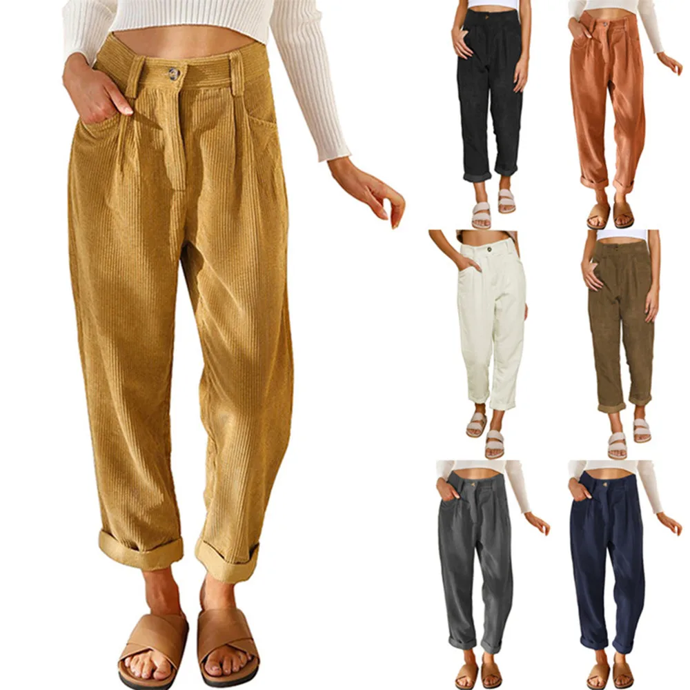 Women's Corduroy Loose Pants Autumn Winter Thickness Ladies Plus Size Casual High Waist Solid Color Cargo Trousers Pant