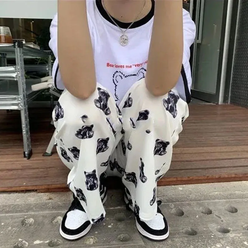 Vintage Goth Korean Harajuku Hip Hop Y2k Straight Women Pants Punk Cartoon Bear Print High Waisted Street Sports Trousers Female images - 6