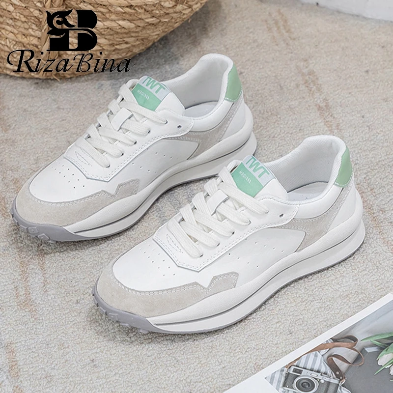 

RIZABINA Women Real Leather Sneakers Round Toe Mixed Color Cross strap Casual Daily Fashion Spring Ladies Footwear Size 35-43